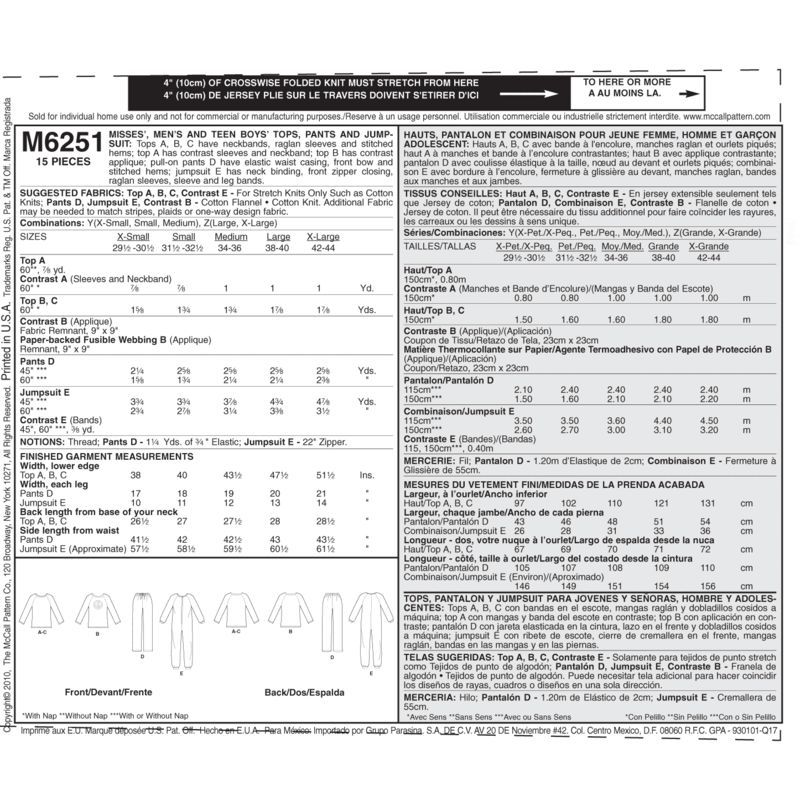 Patron McCall's 6251.Y - Haut, pantalon et combinaison