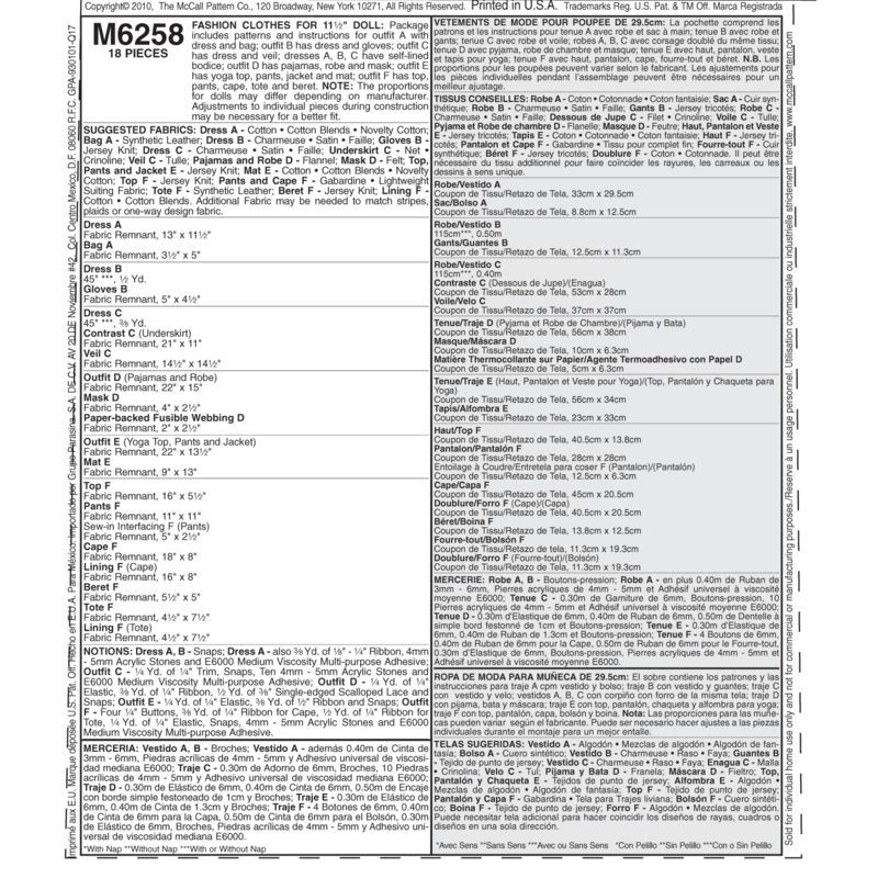 Patron McCall's 6258.OS - Vêtements de mode pour poupée de 46cm