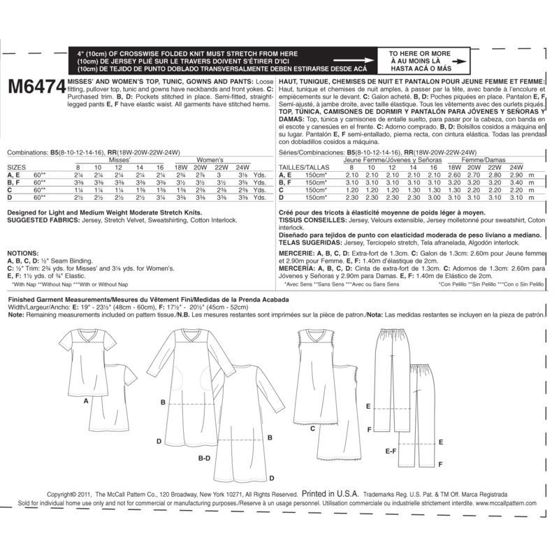 Patron McCall's 6474.B5 - Haut, tunique, chemise de nuit et pantalon