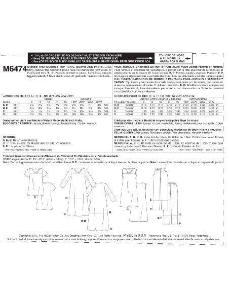 Patron McCall's 6474.B5 - Haut, tunique, chemise de nuit et pantalon