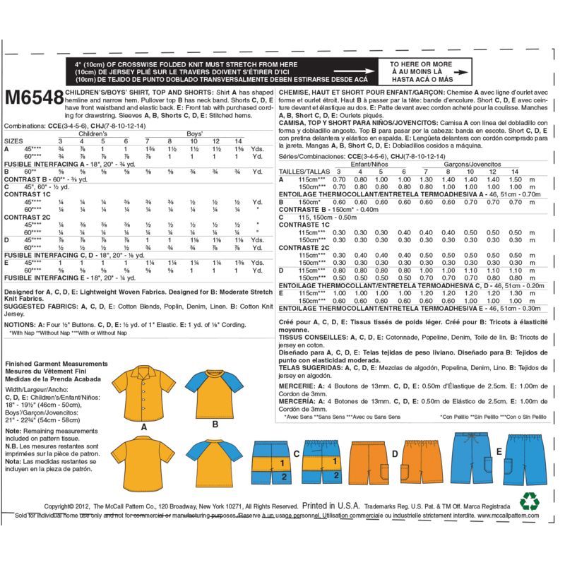 Patron McCall's 6548.CCE - Chemise, haut et short