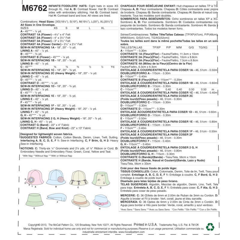 Patron McCall's 6762.OSZ - Chapeaux pour bébé