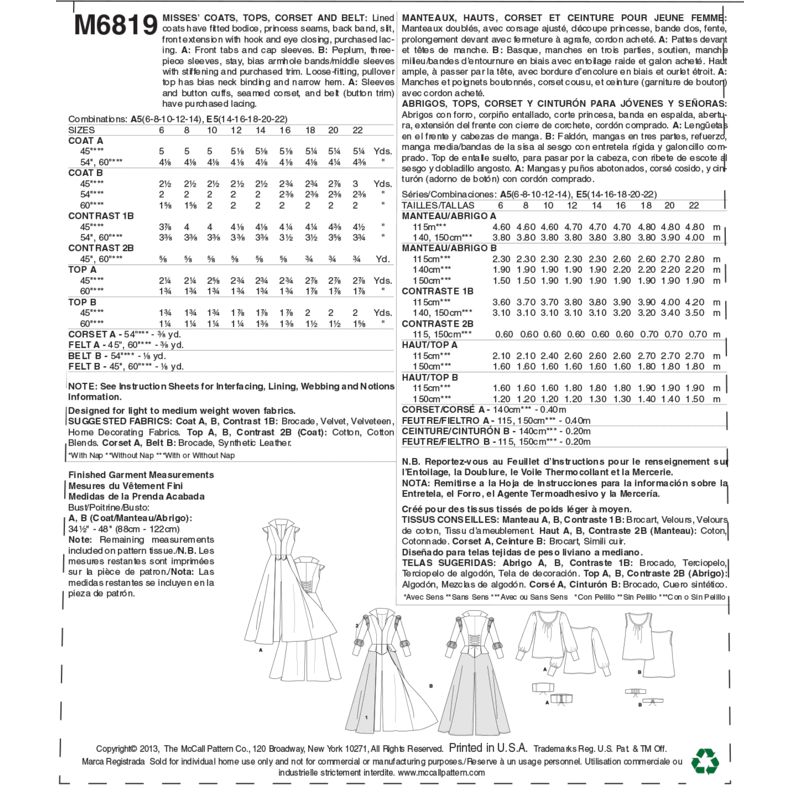 Patron McCall's 6819.A5 - Manteau, haut, corset et ceinture