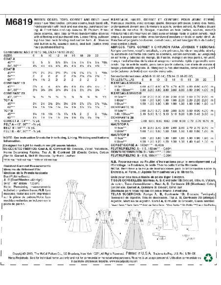 Patron McCall's 6819.A5 - Manteau, haut, corset et ceinture