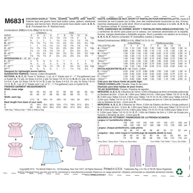 Patron McCall's 6831.CCE - Haut, chemise de nuit, short et pantalon