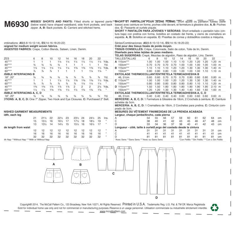 Patron McCall's 6930.A5 - Short et pantalon