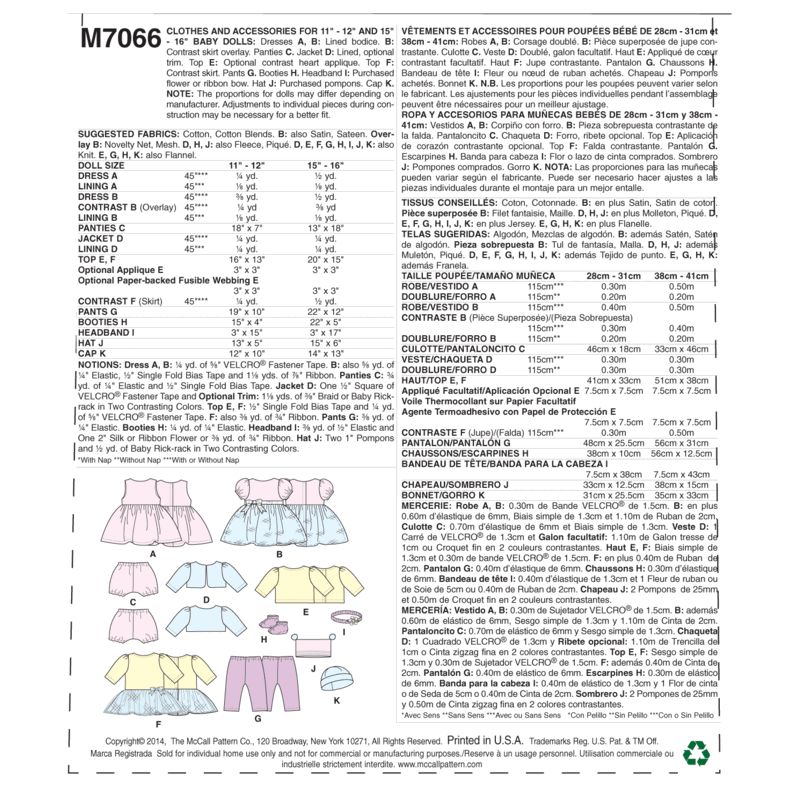 Patron McCall's 7066.OSZ - Vêtements pour poupée bébé de 28cm