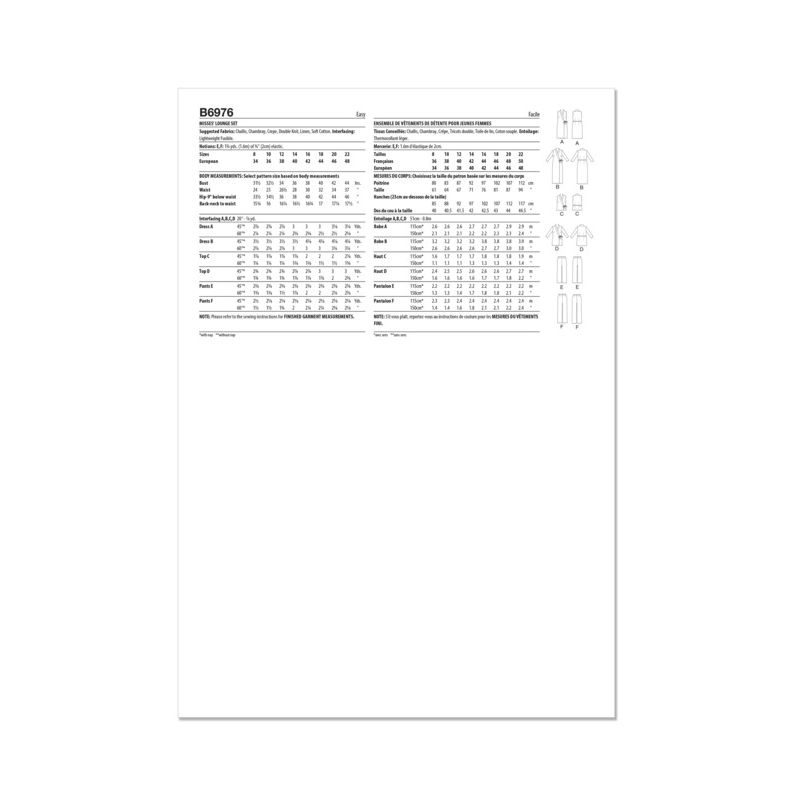 Patron Butterick 6976/B5 - Ensemble de vêtement s de détente