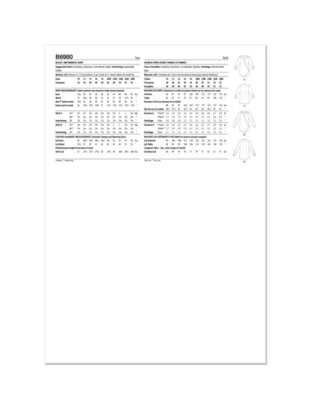 Patron Butterick 6980/AA - Chemise