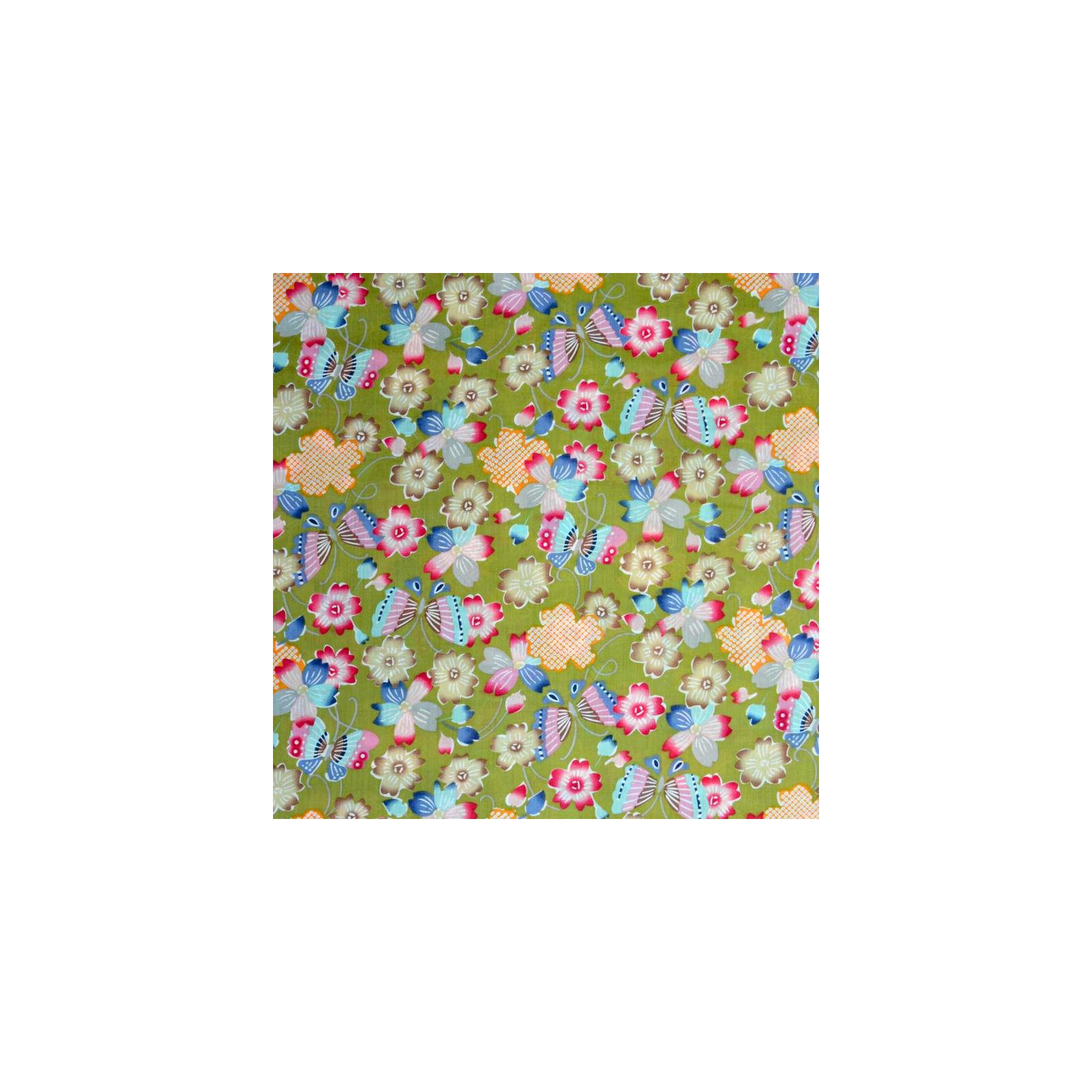 Tissu Coton imprimé papillons et fleurs multicolores sur fond vert