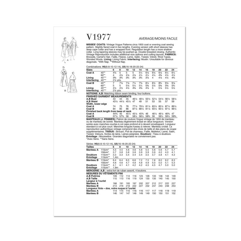 Patron Vogue 1977 H5 - Manteau