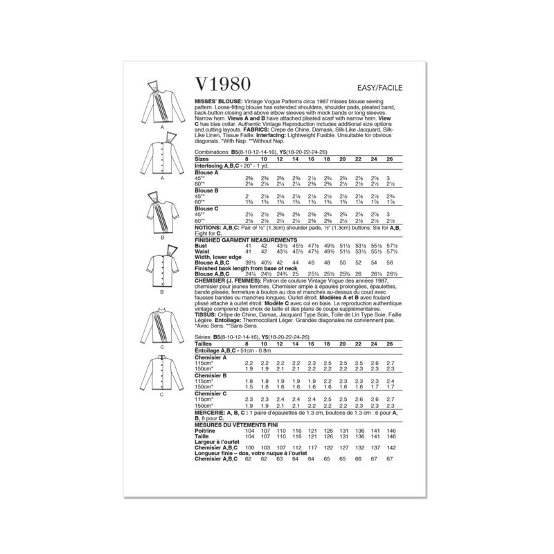 Patron Vogue 1980 B5 - Chemisier