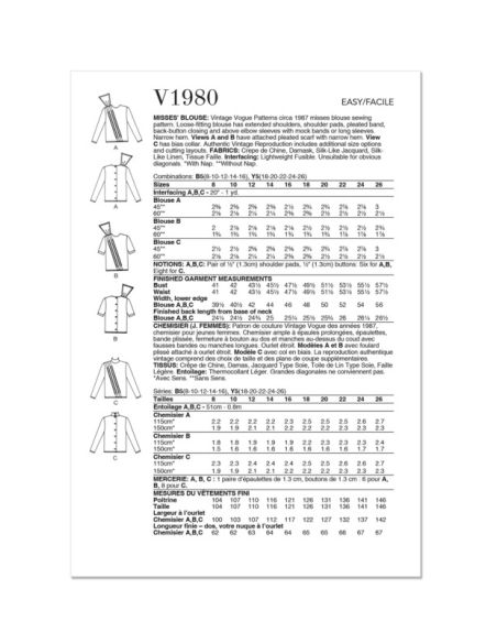 Patron Vogue 1980 B5 - Chemisier