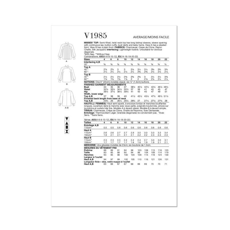 Patron Vogue 1985 AX5 - Haut