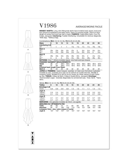 Patron Vogue 1986 B5 - Jupes longues