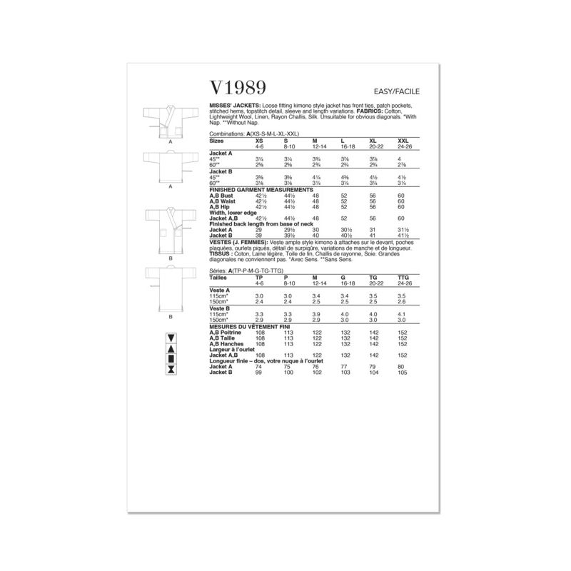 Patron Vogue 1989 A - Veste ample style kimono