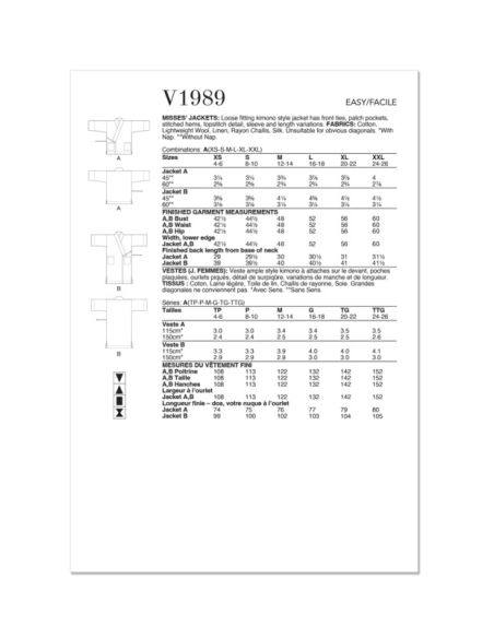 Patron Vogue 1989 A - Veste ample style kimono