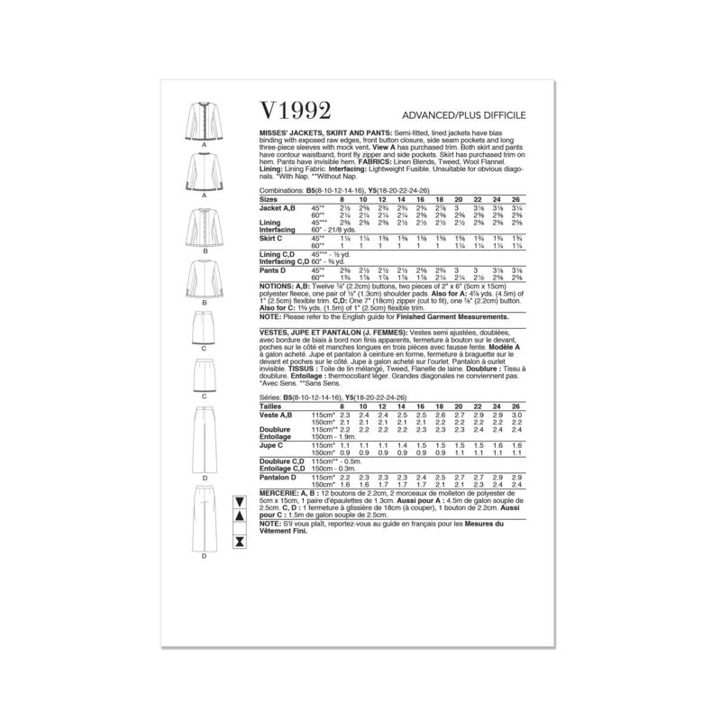 Patron Vogue 1992 B5 - Vestes semi ajustées, jupe et pantalon
