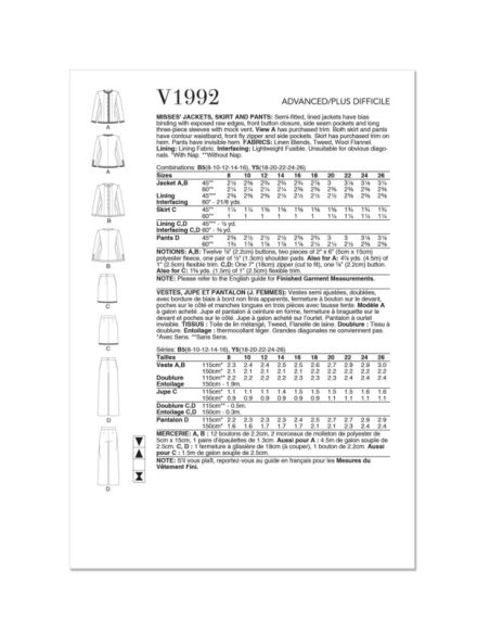 Patron Vogue 1992 B5 - Vestes semi ajustées, jupe et pantalon