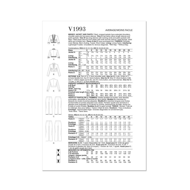 Patron Vogue 1993 H5 - Vestes et pantalon ajustées