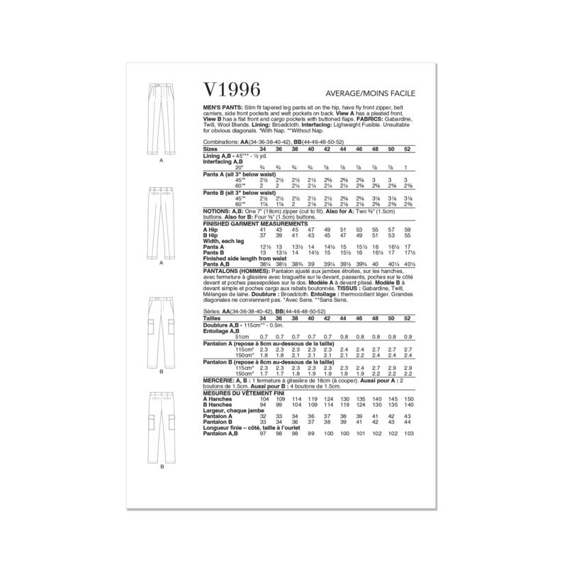 Patron Vogue 1996 AA - Pantalon ajusté