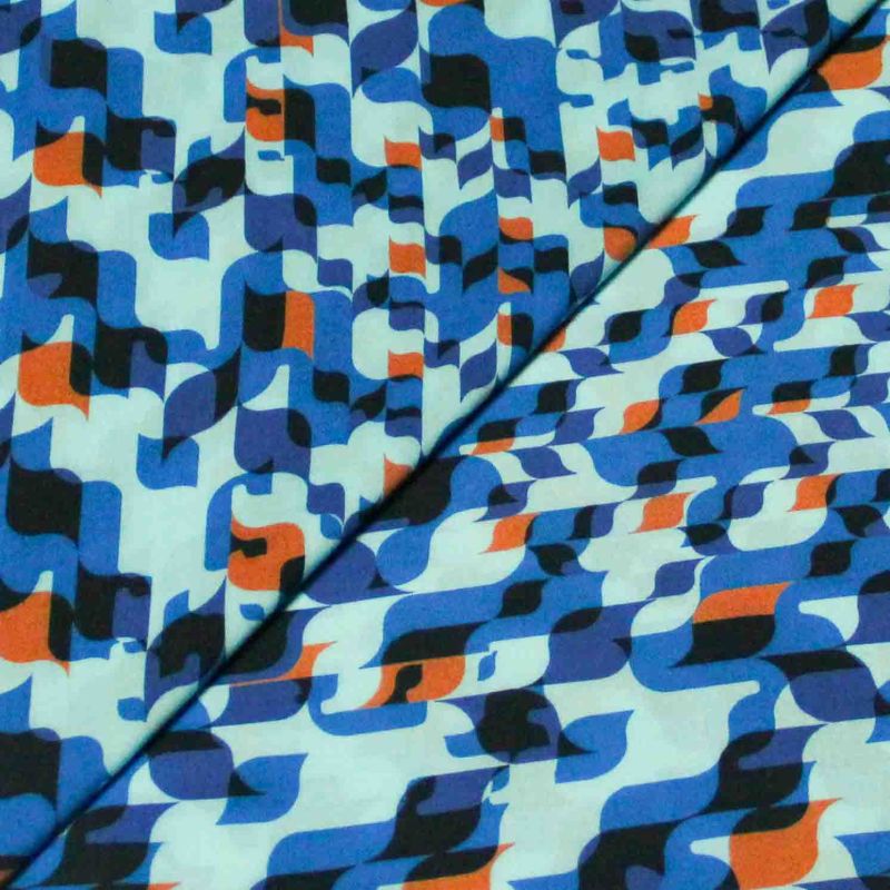 Étoffe 100% viscose - Abstrait bleu & orange