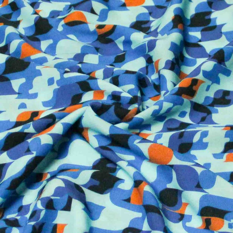 Étoffe 100% viscose - Abstrait bleu & orange