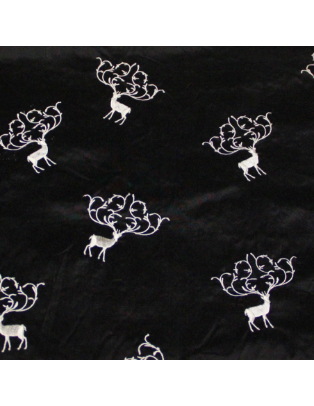 Soie sauvage 100% soie brodée - Cerf blanc fond noir
