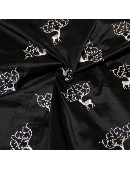 Soie sauvage 100% soie brodée - Cerf blanc fond noir