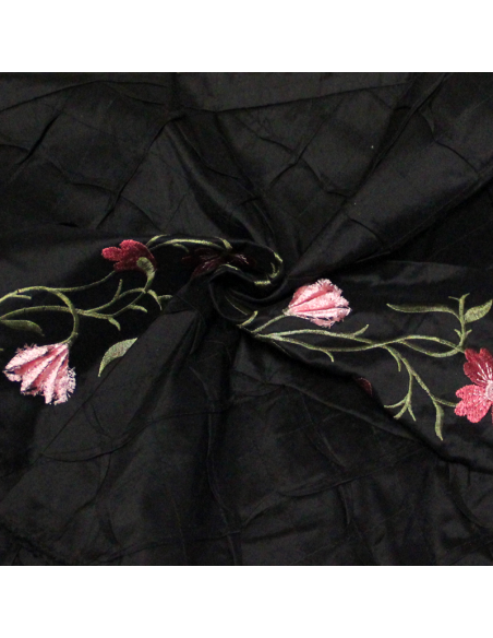 Soie sauvage 100% soie brodée - Bande fleuri fond noir