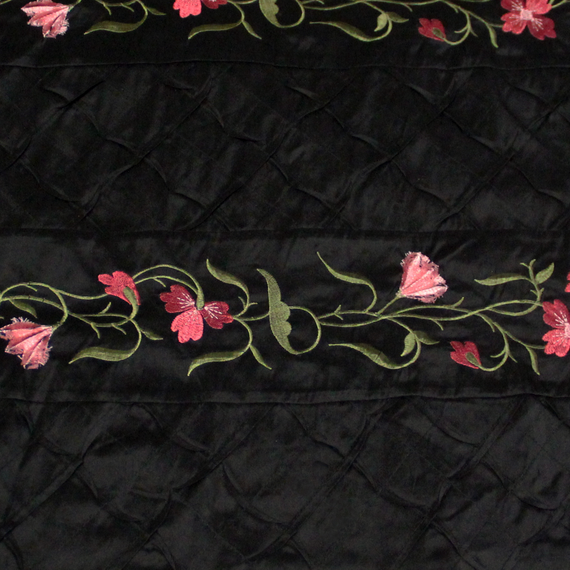 Soie sauvage 100% soie brodée - Bande fleuri fond noir