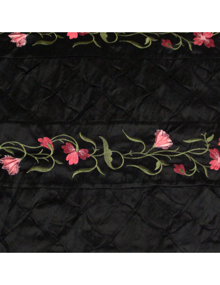 Soie sauvage 100% soie brodée - Bande fleuri fond noir