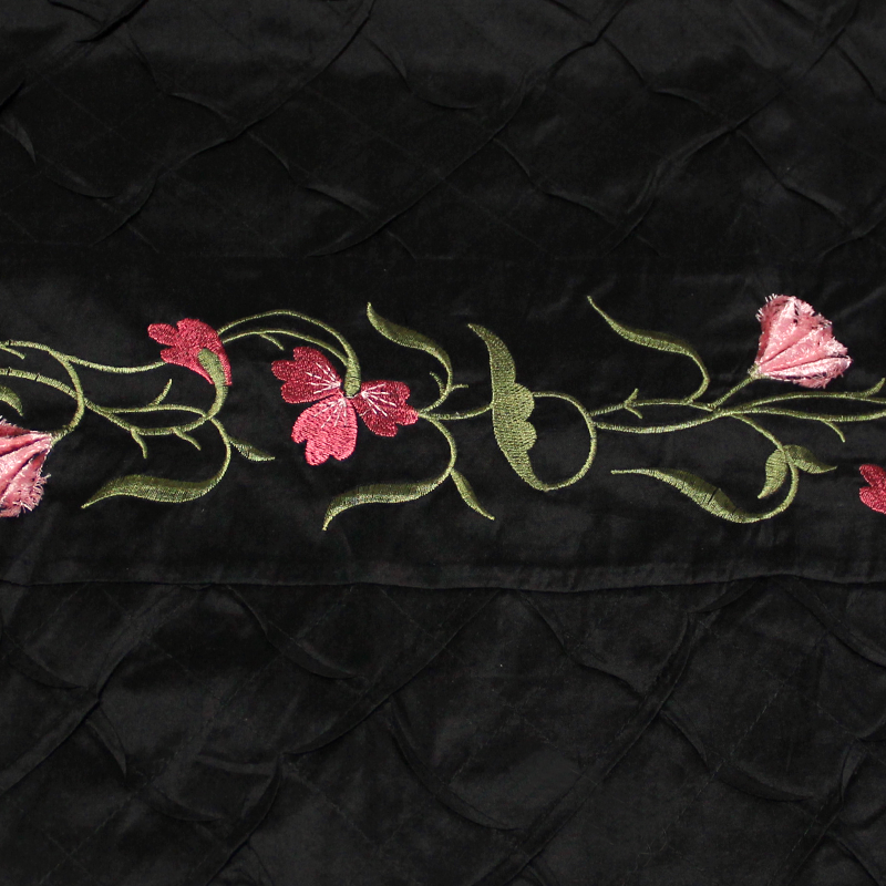 Soie sauvage 100% soie brodée - Bande fleuri fond noir