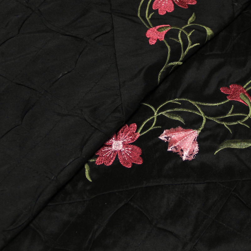 Soie sauvage 100% soie brodée - Bande fleuri fond noir