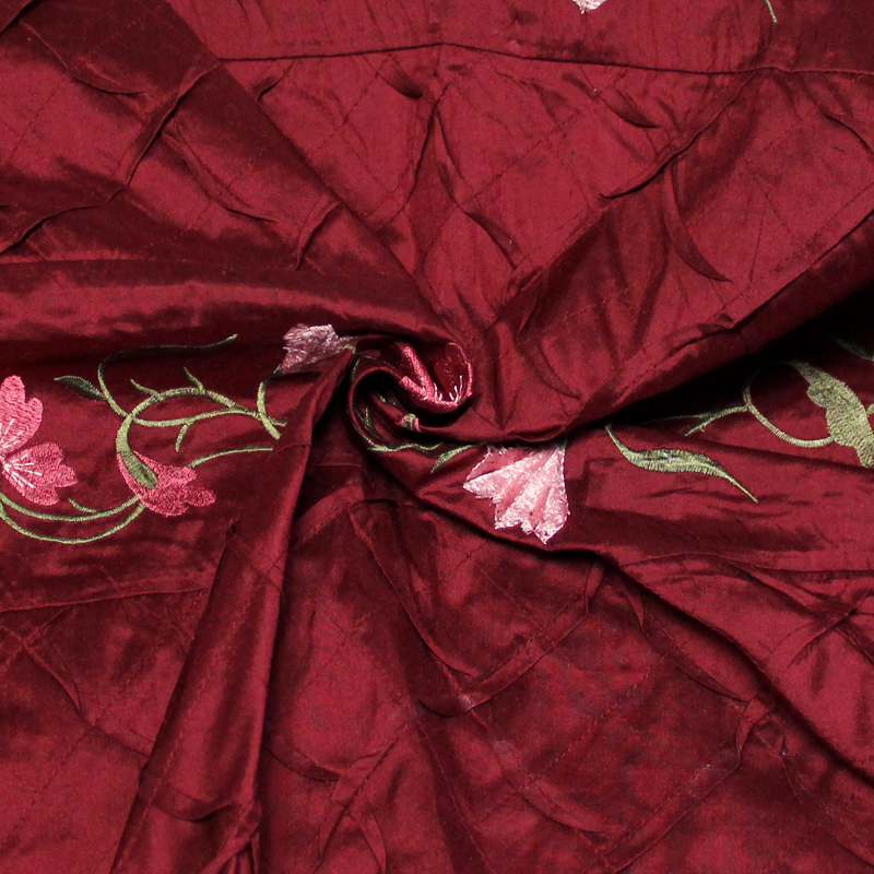 Soie sauvage 100% soie brodée - Bande fleuri fond bordeaux