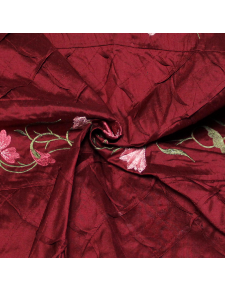 Soie sauvage 100% soie brodée - Bande fleuri fond bordeaux