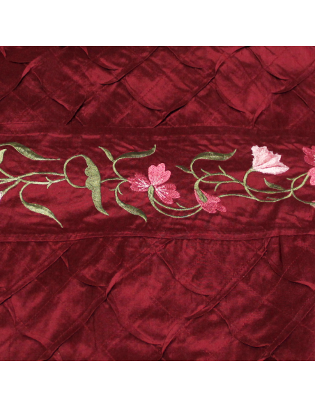 Soie sauvage 100% soie brodée - Bande fleuri fond bordeaux