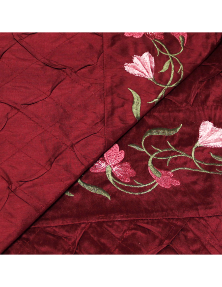 Soie sauvage 100% soie brodée - Bande fleuri fond bordeaux