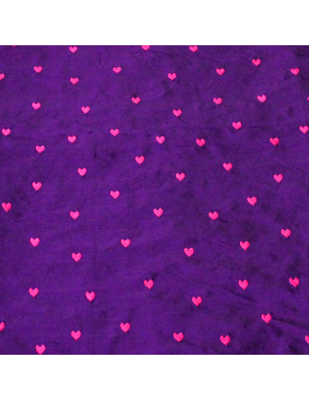 Soie sauvage 100% soie brodée - Cœur rose fond violet