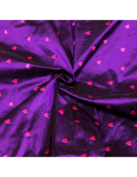 Soie sauvage 100% soie brodée - Cœur rose fond violet