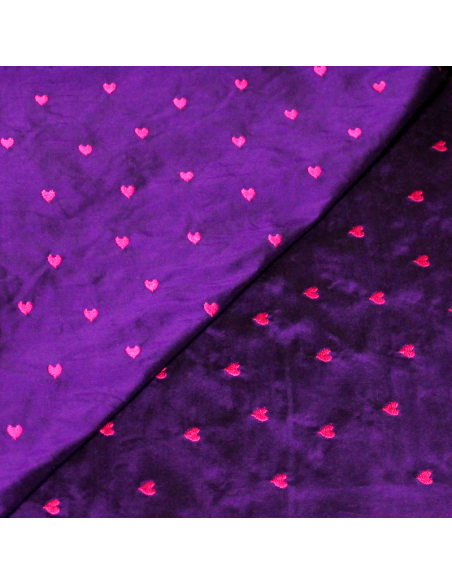 Soie sauvage 100% soie brodée - Cœur rose fond violet