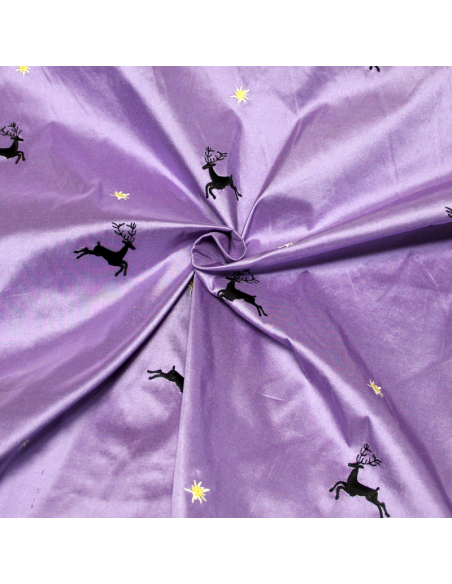 Soie sauvage 100% soie brodée - Cerf noir fond lilas