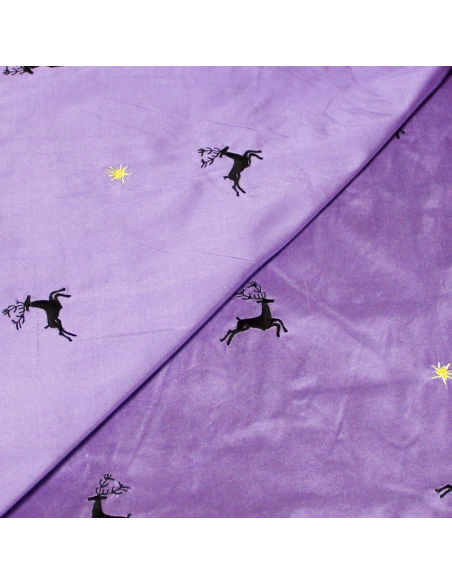 Soie sauvage 100% soie brodée - Cerf noir fond lilas