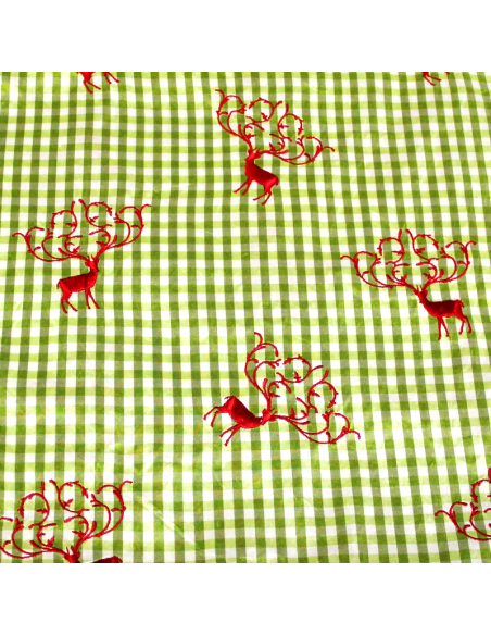 Soie sauvage 100% soie brodée - Cerf rouge fond vichy vert pomme