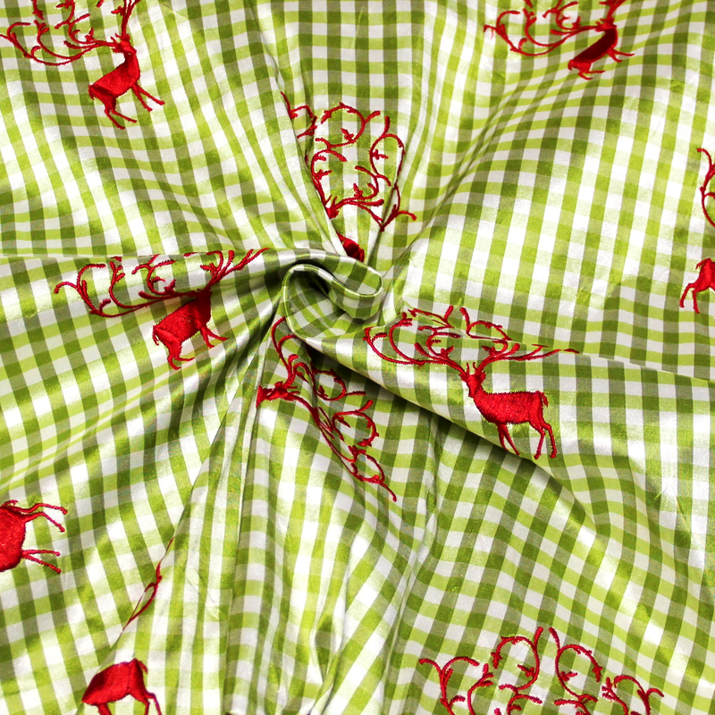Soie sauvage 100% soie brodée - Cerf rouge fond vichy vert pomme