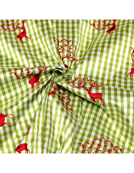 Soie sauvage 100% soie brodée - Cerf rouge fond vichy vert pomme