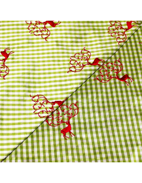 Soie sauvage 100% soie brodée - Cerf rouge fond vichy vert pomme
