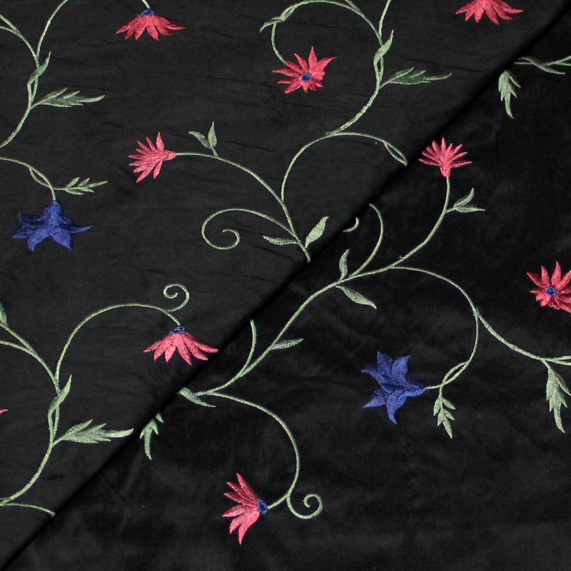Soie sauvage 100% soie brodée - Fleuri fond noir