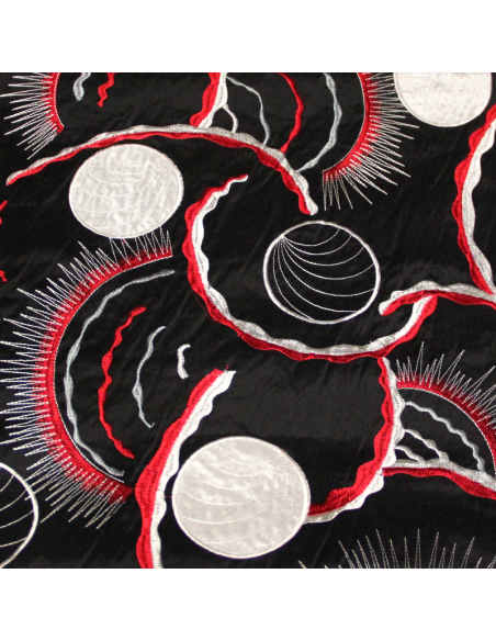 Soie sauvage 100% soie brodée - Motif blanc & rouge fond noir