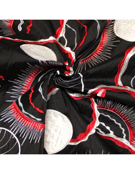 Soie sauvage 100% soie brodée - Motif blanc & rouge fond noir